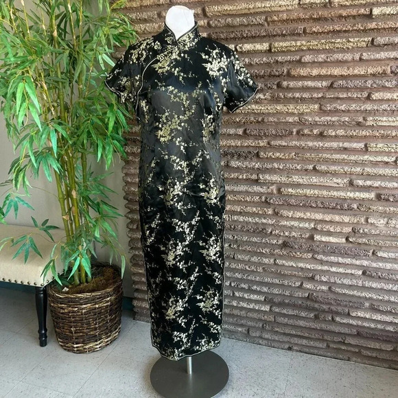 Stephen's Collection Black Gold Cherry Blossom Cheongsam Maxi Dress Size 4 - Picture 1 of 7